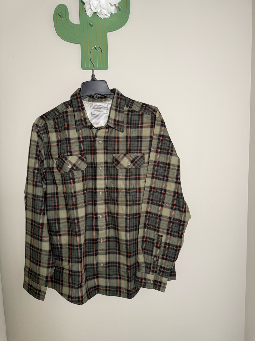 Eddie Bauer Olive and Black Plaid Button-Down Shirt